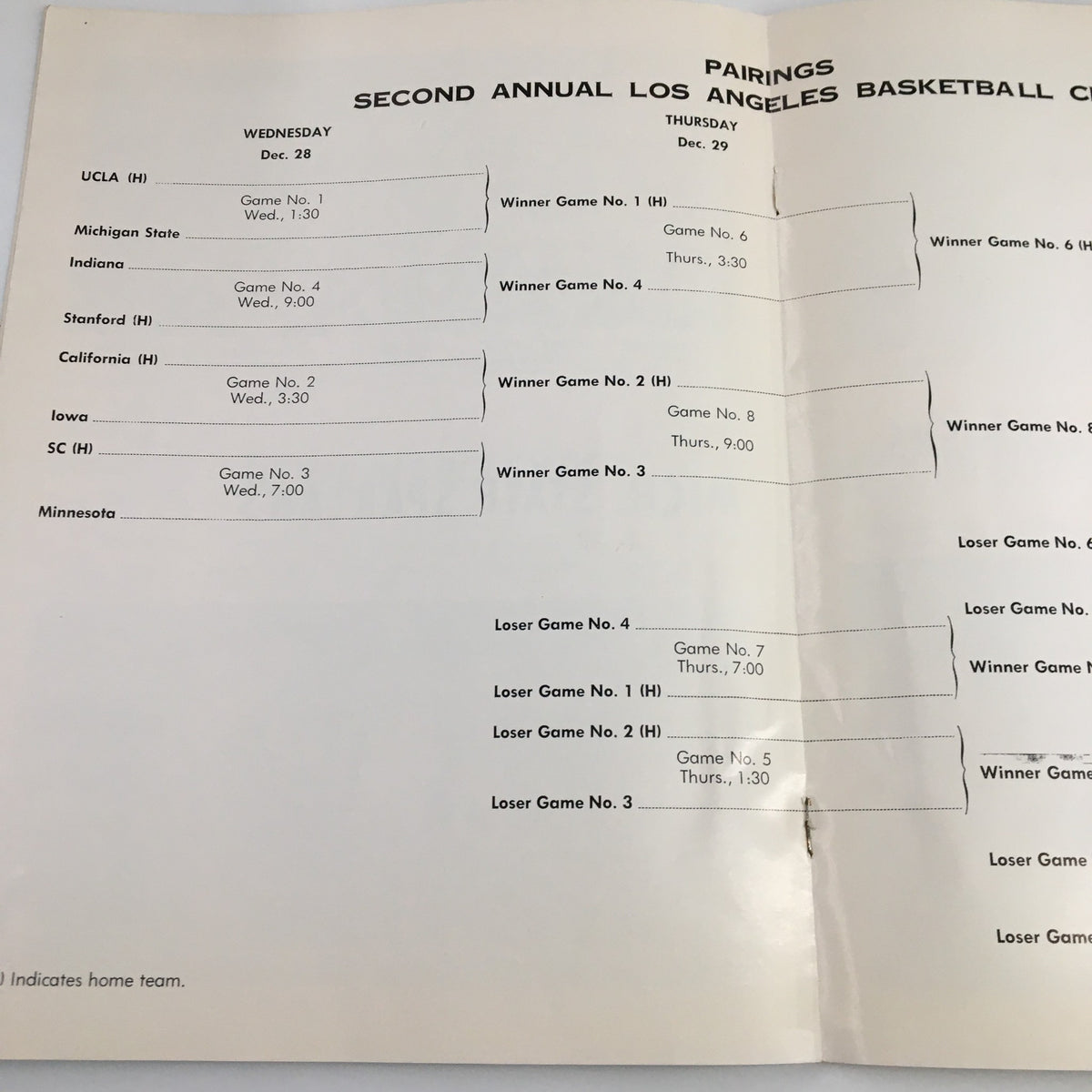 Inside page of the December 28 1960 NCAA UCLA Bruins Los Angeles Basketball Classic Program displaying the game pairings for December 28 and 29.