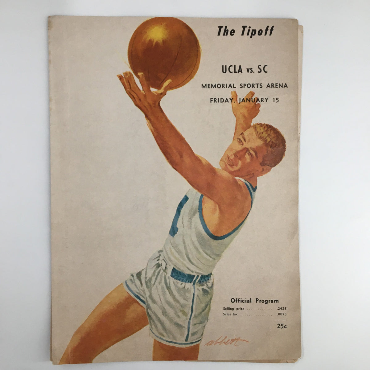 Cover of the January 15, 1960 NCAA Basketball UCLA vs SC The Tipoff Official Program, featuring an illustration of a player shooting a basketball.
