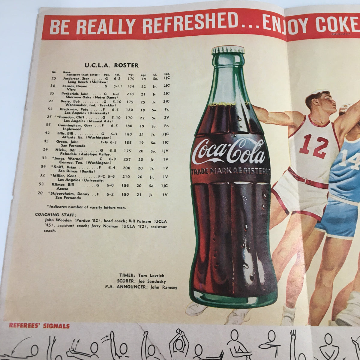 February 5 1960 NCAA Basketball UCLA vs New Mexico State The Tipoff Program - UCLA roster page featuring Coca-Cola advertisement and player information.