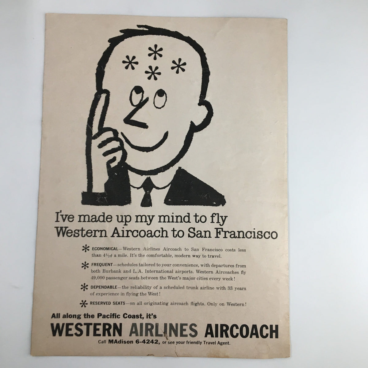 Vintage advertisement for Western Airlines Aircoach, featuring a cartoon figure with a thoughtful expression, promoting affordable travel to San Francisco, linked to the February 5, 1960 NCAA Basketball UCLA vs New Mexico State The Tipoff Program.