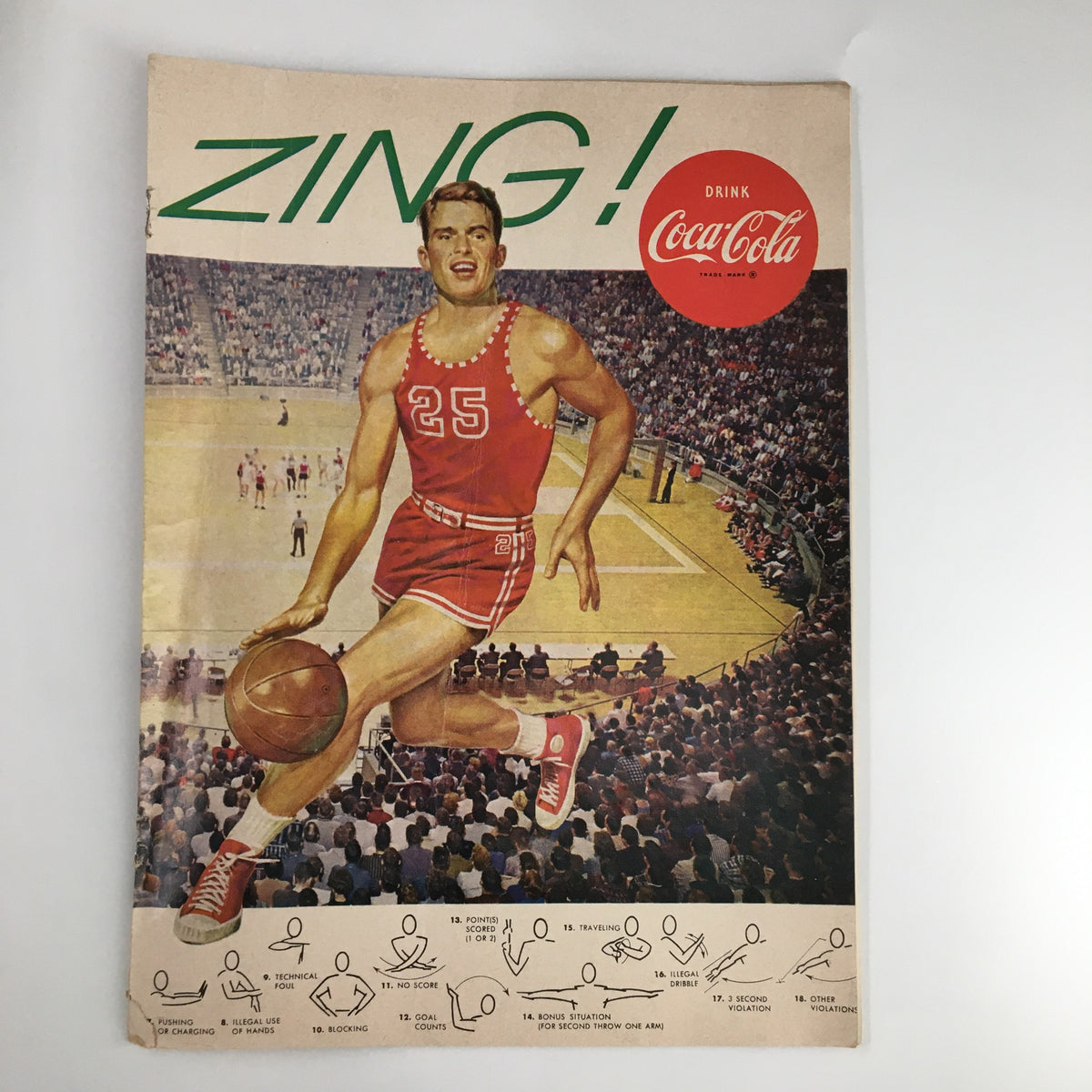 Official program cover for the February 24 1962 NCAA Basketball game between Stanford and UCLA, featuring a basketball player in a vibrant red uniform with the slogan 'ZING!'