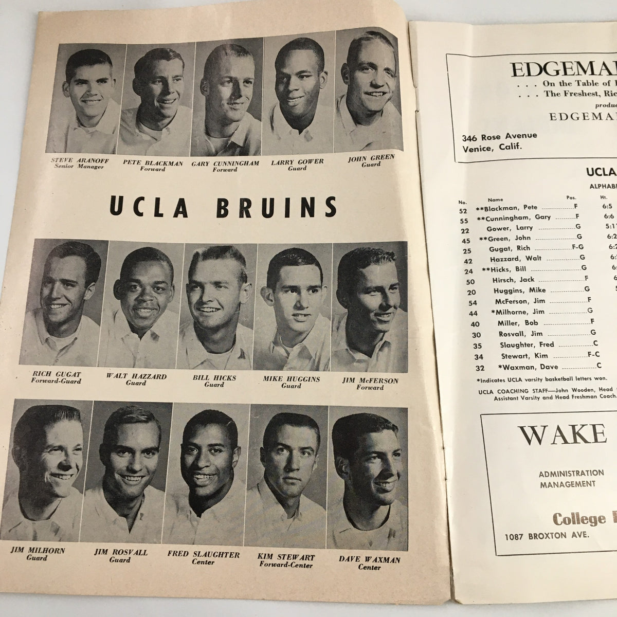 UCLA Bruins players roster and images, featured in the February 24 1962 NCAA Basketball Stanford vs UCLA Official Program.