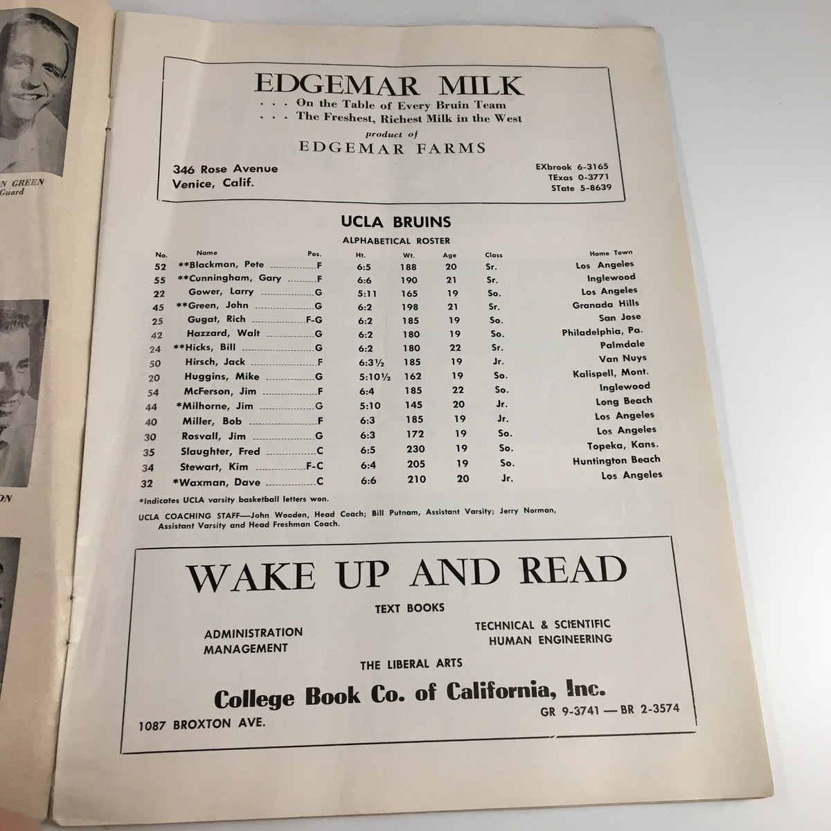 Advertisement page with Edgemar Milk and UCLA Bruins player roster, from the February 24 1962 NCAA Basketball Stanford vs UCLA Official Program.