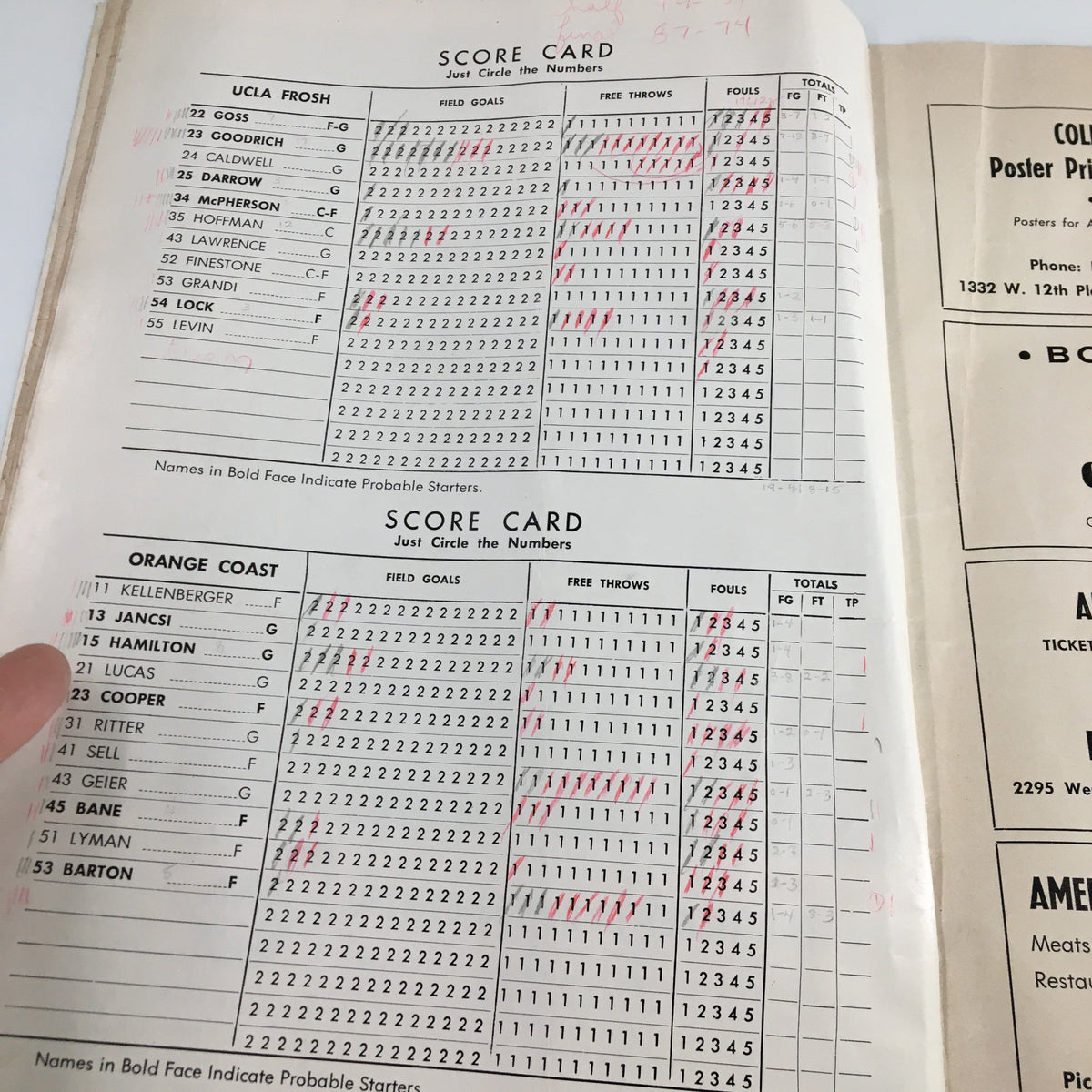 Score card page from the February 24, 1962 NCAA Basketball Stanford vs UCLA Official Program detailing player statistics.