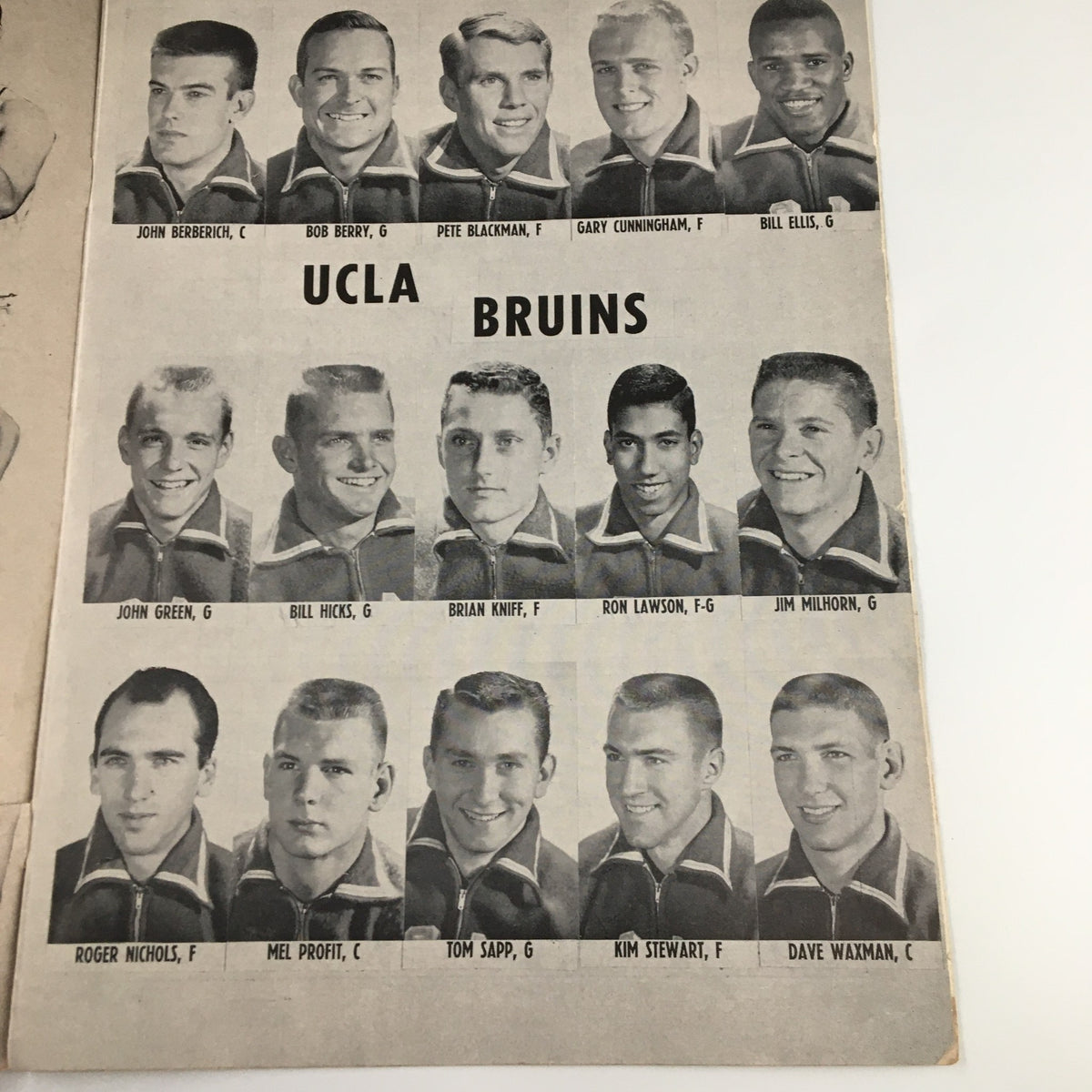 UCLA Bruins basketball team roster pages from the official program for December 17, 1960 NCAA Basketball Butler vs UCLA.