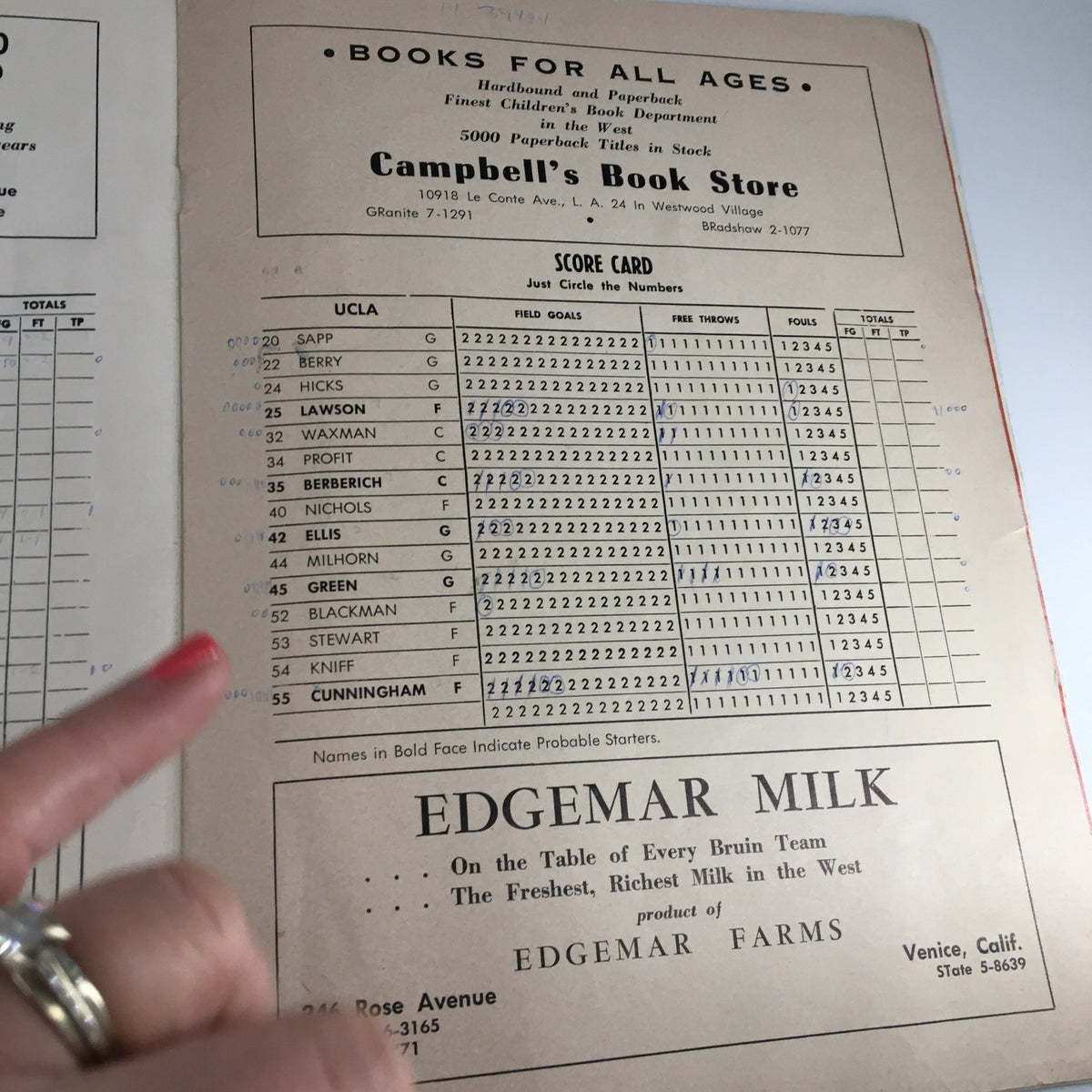 Inside page of the NCAA Basketball program from December 17, 1960, highlighting the scorecard for UCLA players, with detailed statistics.