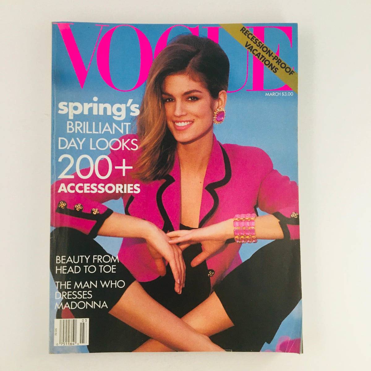 Vogue Magazine March 1991 featuring American model Cindy Crawford on the cover, showcasing vibrant spring fashion with bold colors and accessories.