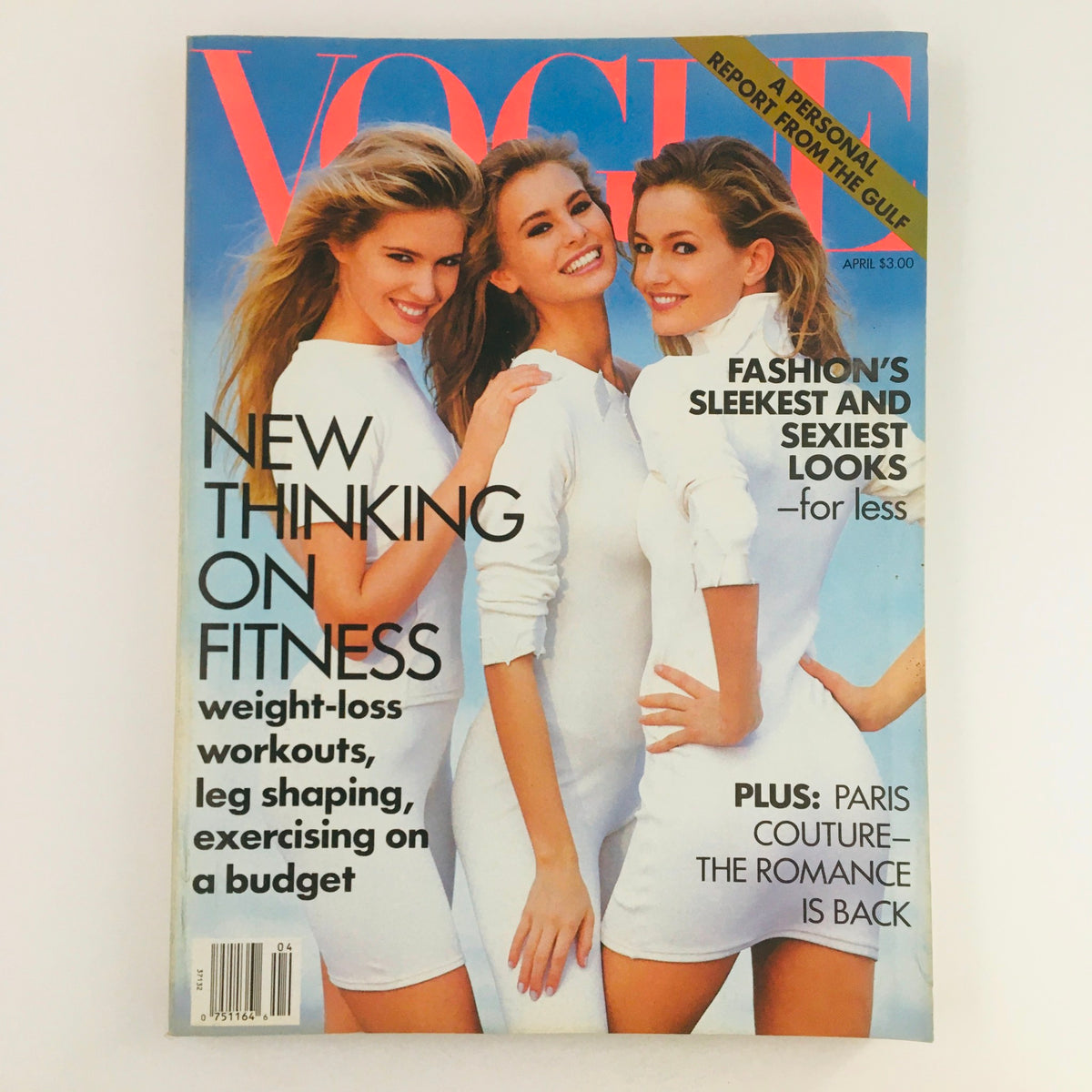 Vogue Magazine April 1991 cover featuring Judit Masco, Karen Mulder, and Niki Taylor showcasing fashion and fitness trends.