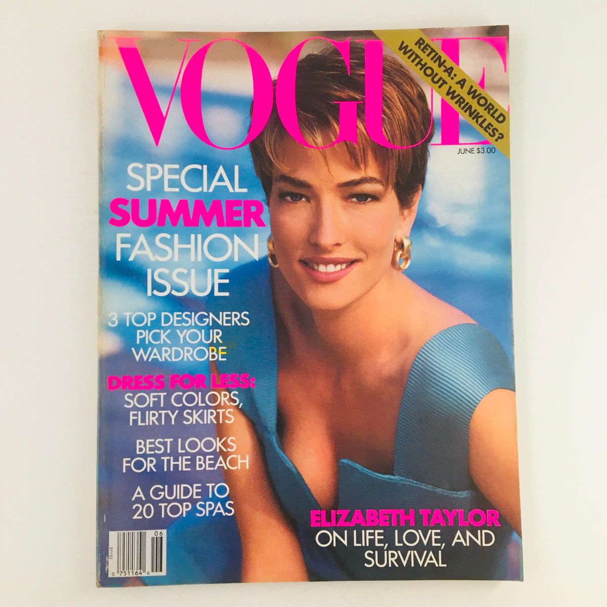 Vogue Magazine June 1991 featuring German model Tatjana Patitz on the cover, showcasing summer fashion trends, with bold headlines and bright colors.