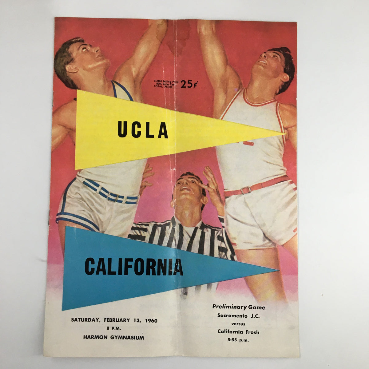 1960 UCLA Bruins USC Trojans John Wooden Preliminary Game Basketball Program Cover featuring a colorful illustration with players in action.