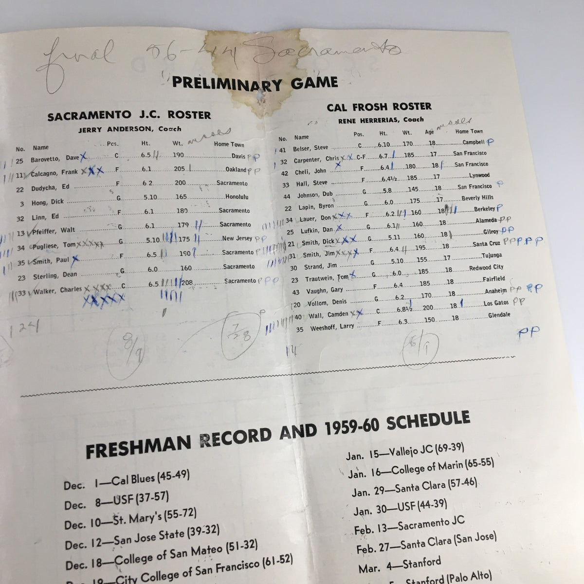 1960 UCLA Bruins USC Trojans John Wooden Preliminary Game Basketball Program with Sacramento Junior College and Cal Frosh Rosters.