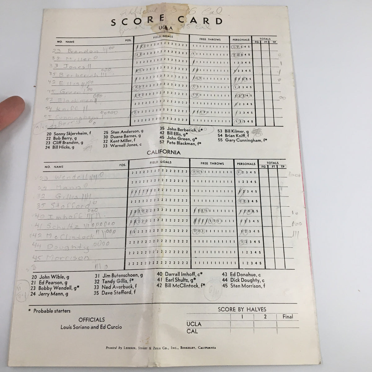 1960 UCLA Bruins USC Trojans John Wooden Preliminary Game Basketball Program Score Card displaying game statistics and points recorded.