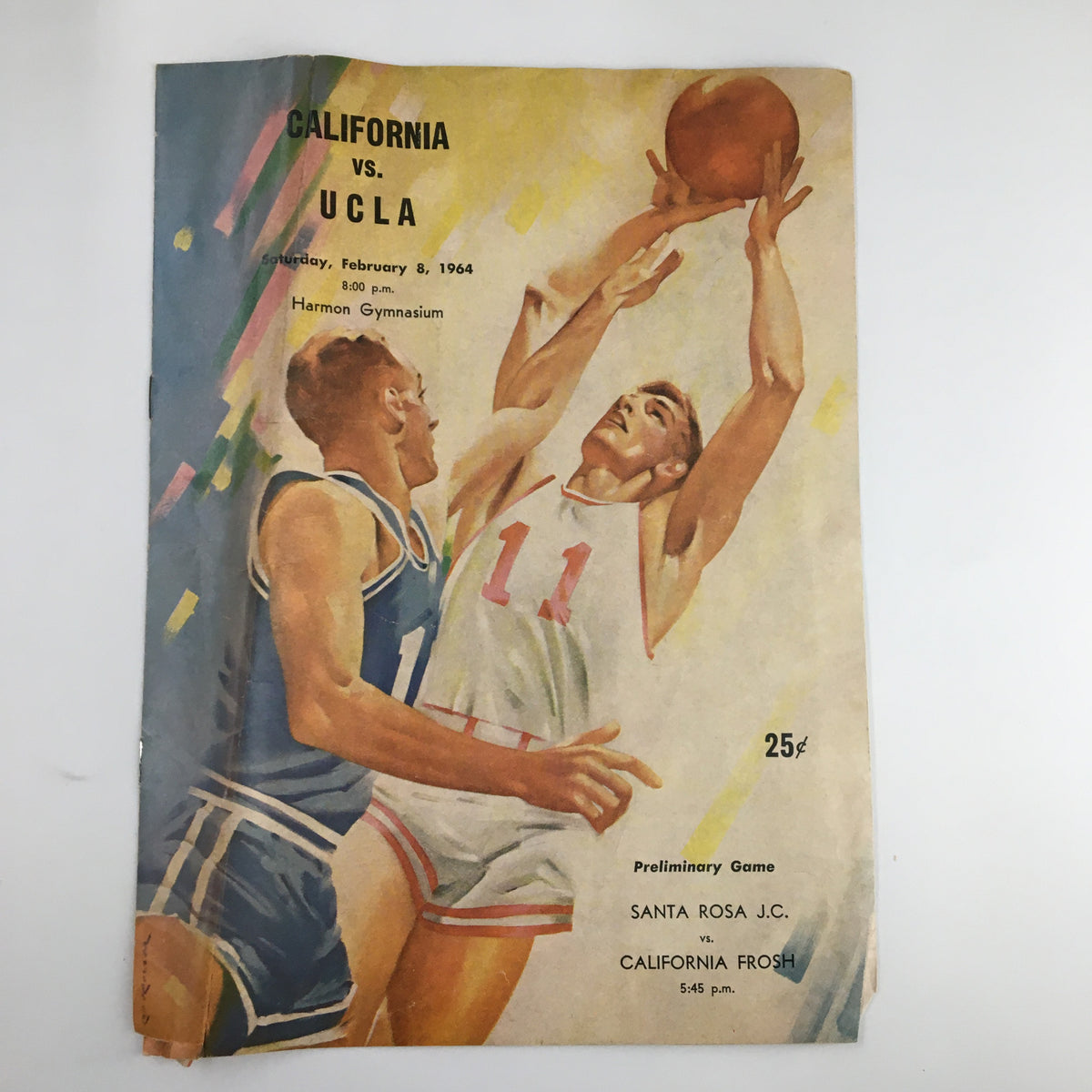 February 8 1964 NCAA Basketball California vs UCLA Preliminary Game Program cover featuring an action illustration of players in a competitive basketball match.