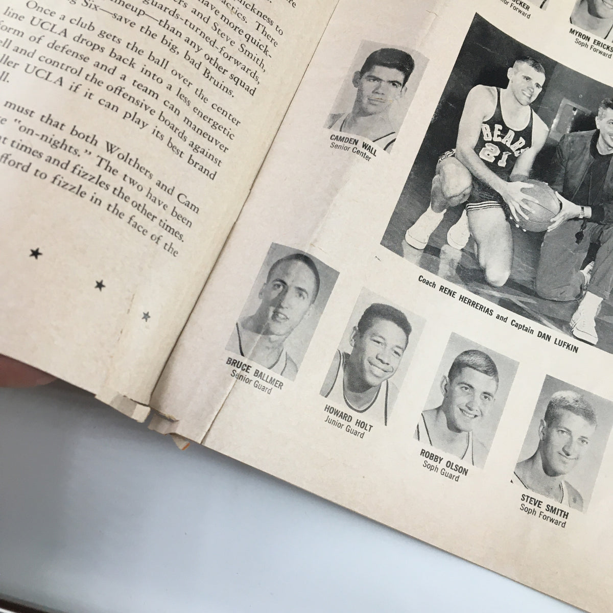 Inside page of the February 8, 1964 NCAA Basketball Program displaying player photographs and details, including Bruce Ballinger and Howard Holt.