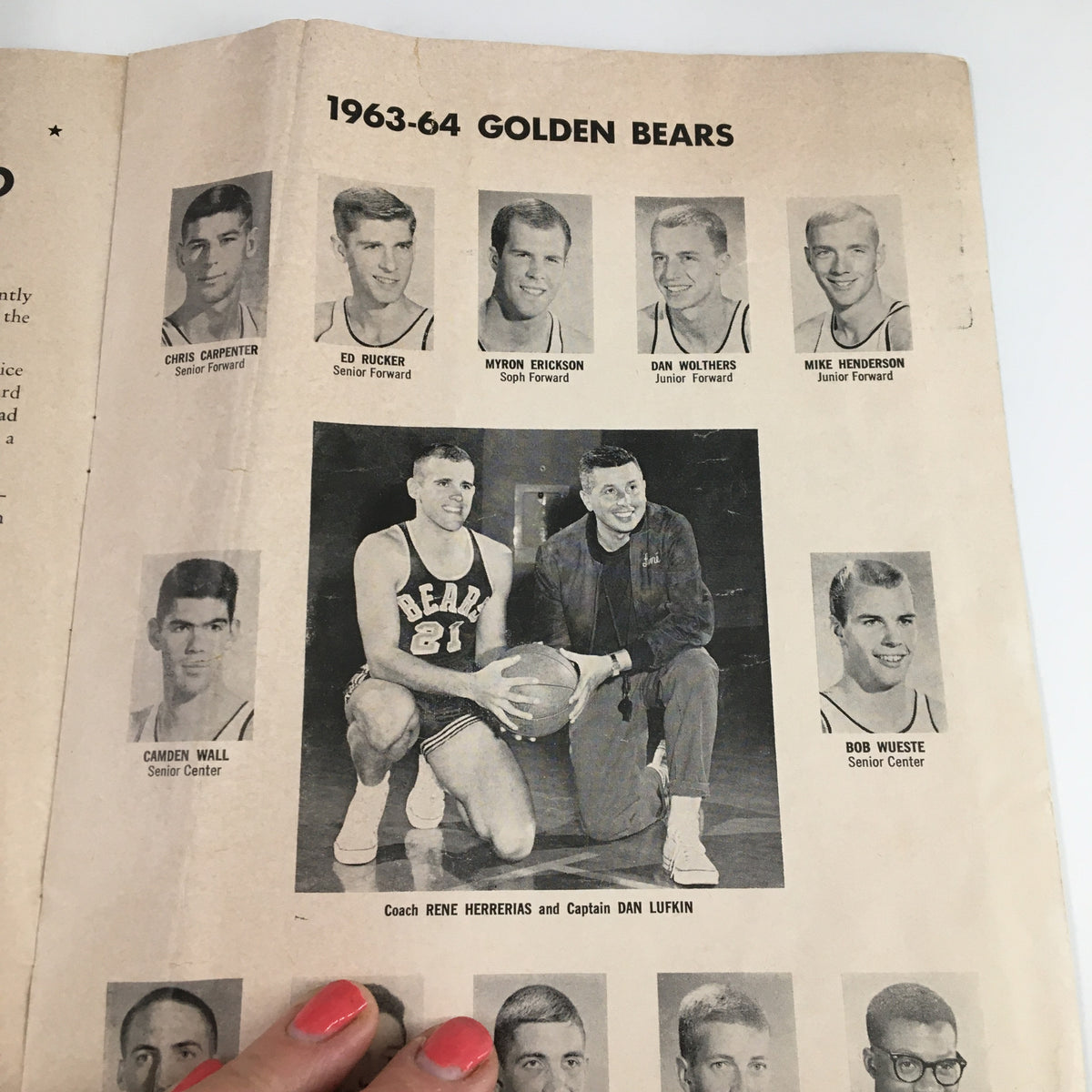 Historical page from the February 8, 1964 NCAA Basketball Program featuring the Golden Bears team roster, including player photos and coach Rene Herrerias.