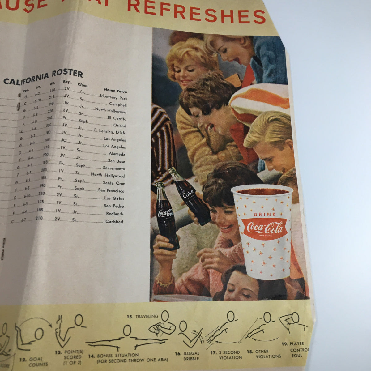 Illustration from the February 8, 1964 NCAA Basketball Program showing fans enjoying Coca-Cola during the game alongside team rosters.