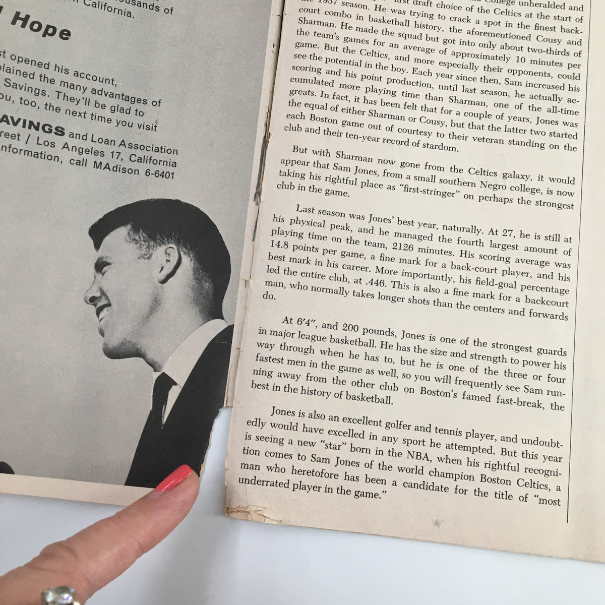1961-1962 Jim Loscutoff Rod Hundley Los Angeles Lakers Boston Game Program displaying a profile of a player with a nostalgic vintage design.