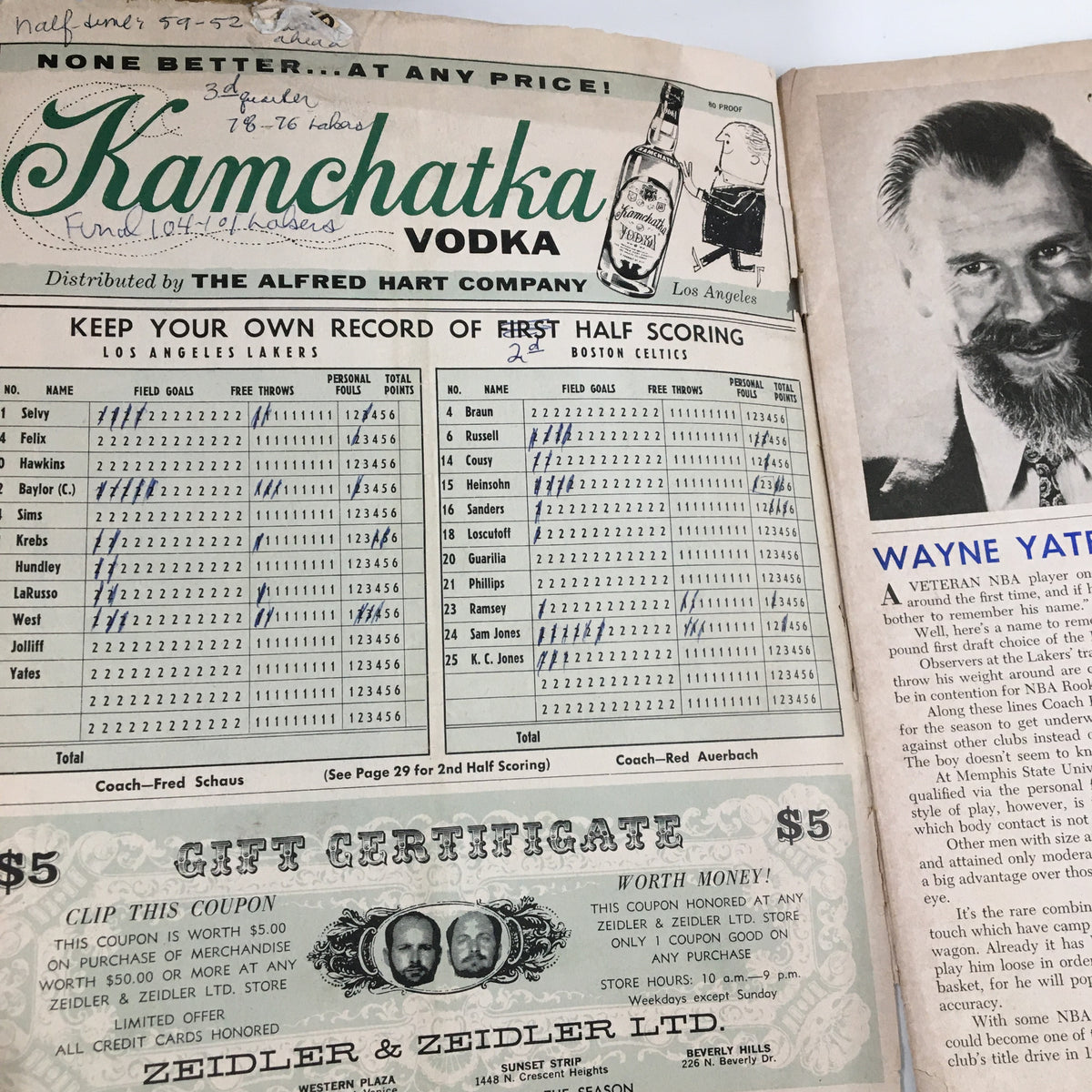 1961-1962 Jim Loscutoff Rod Hundley Los Angeles Lakers Boston Game Program featuring a scoring records page with handwritten notes and player statistics.
