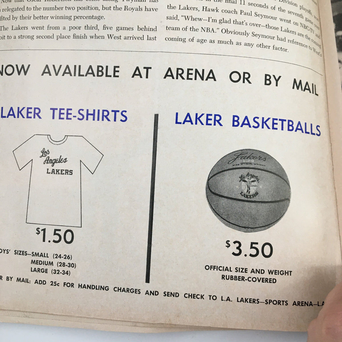 Advertisement for Los Angeles Lakers merchandise including tee-shirts priced at $1.50 and basketballs at $3.50 from the 1961-1962 Jim Loscutoff Rod Hundley Los Angeles Lakers Boston Game Program.