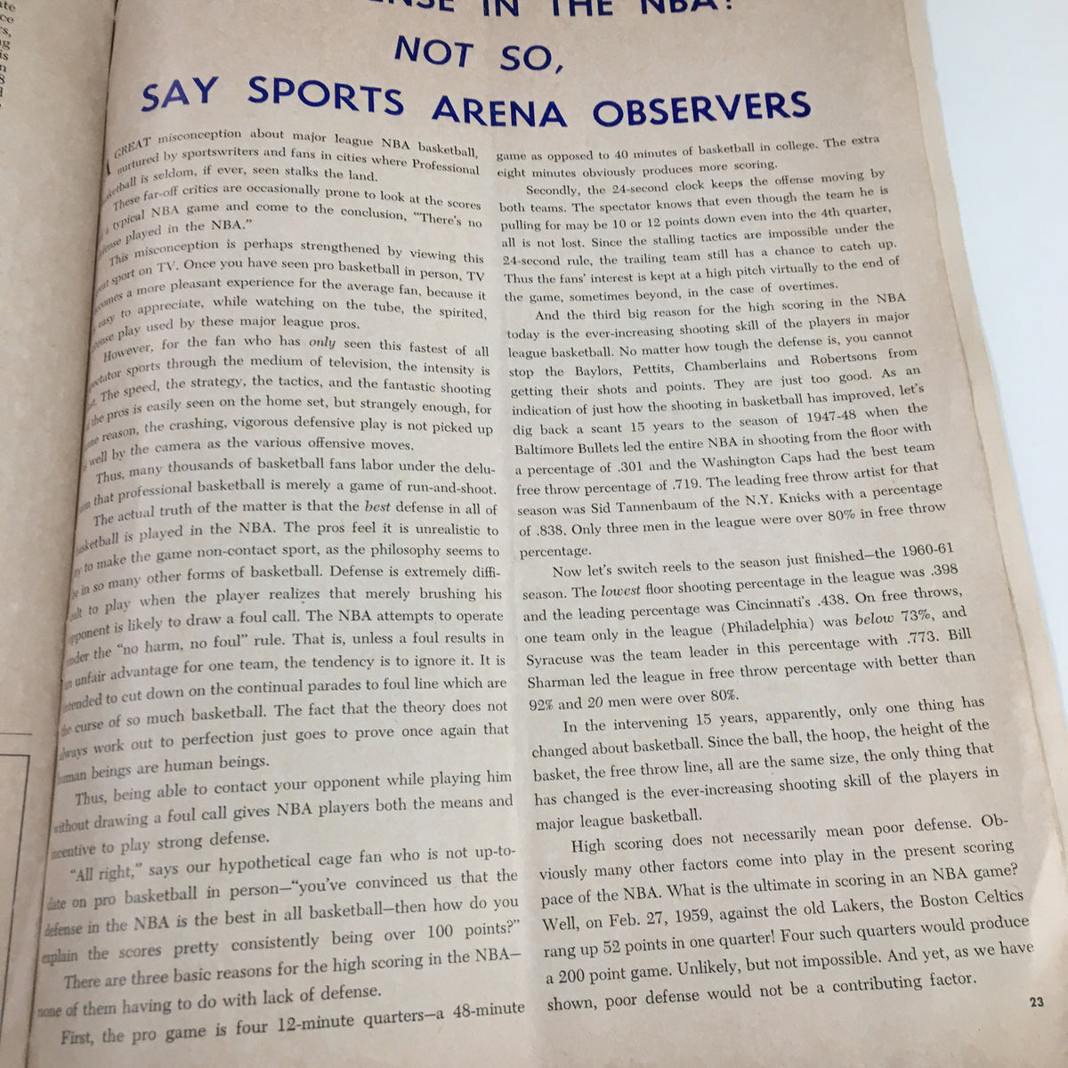 Article discussing basketball strategies and defenses in the NBA from the 1961-1962 Jim Loscutoff Rod Hundley Los Angeles Lakers Boston Game Program.