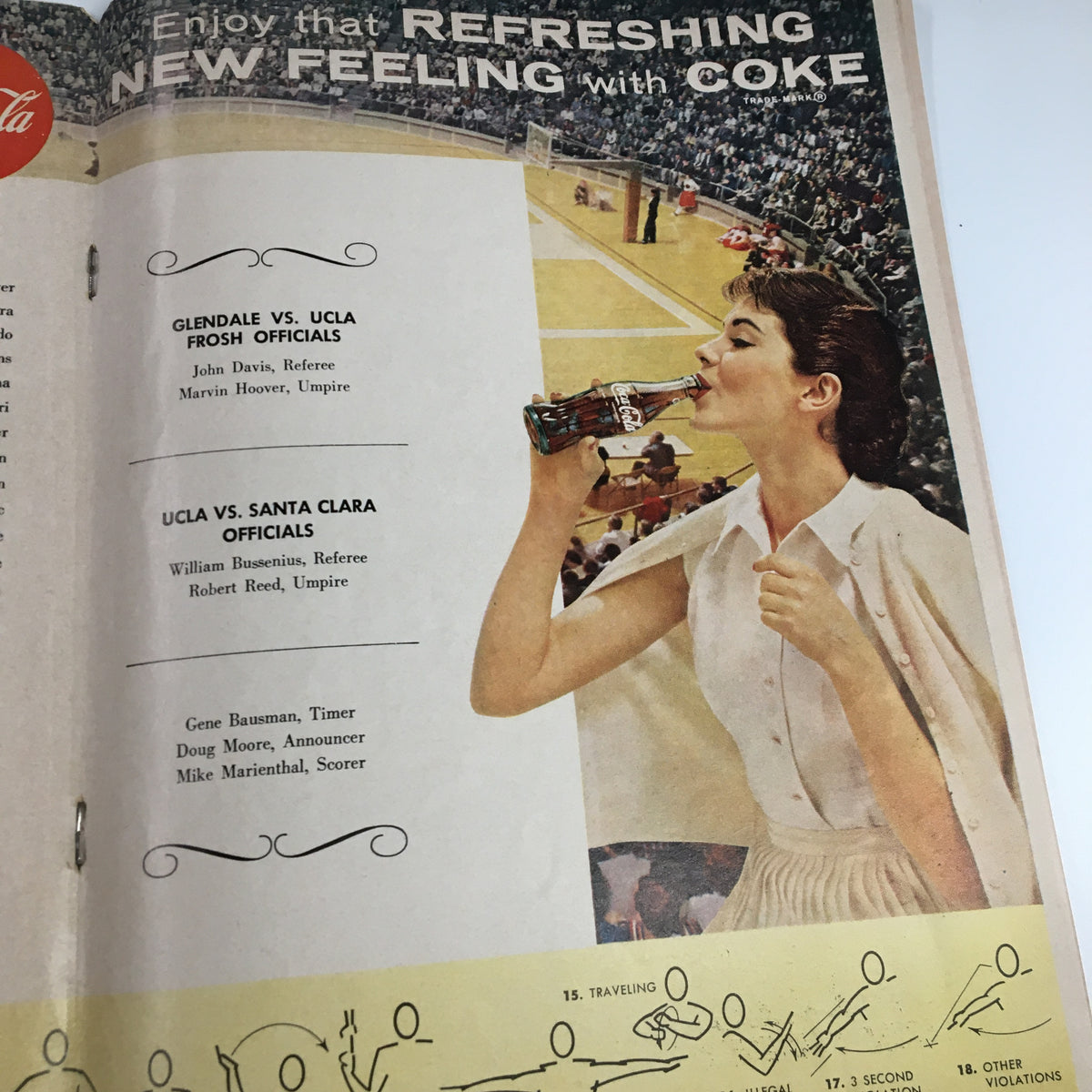 Official game officials listed with an advertisement for Coca-Cola from the December 1, 1962 NCAA Basketball program, showcasing the competitive spirit of the match.