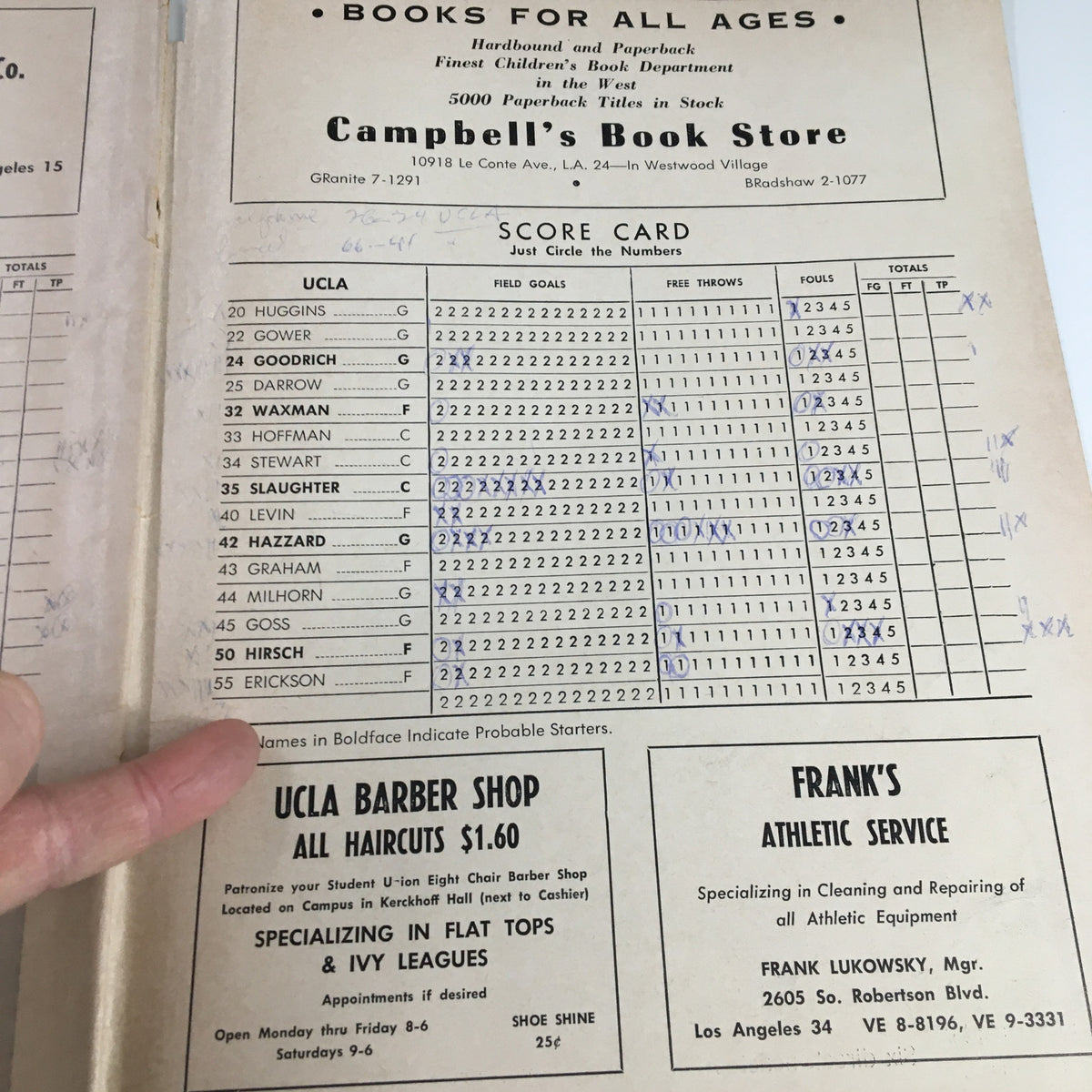 Another score card page from the December 1, 1962 NCAA Basketball game program, showing UCLA players' statistics along with advertisements.