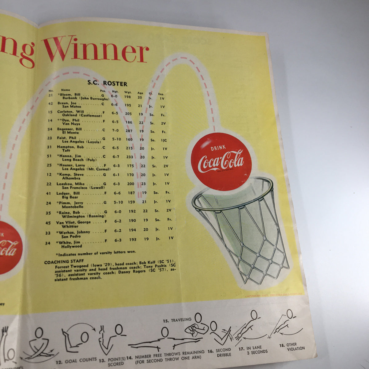 Inside page of the December 12, 1960 NCAA Basketball UCLA vs Kansas Official Program showing the S.C. roster beside a Coca-Cola advertisement.