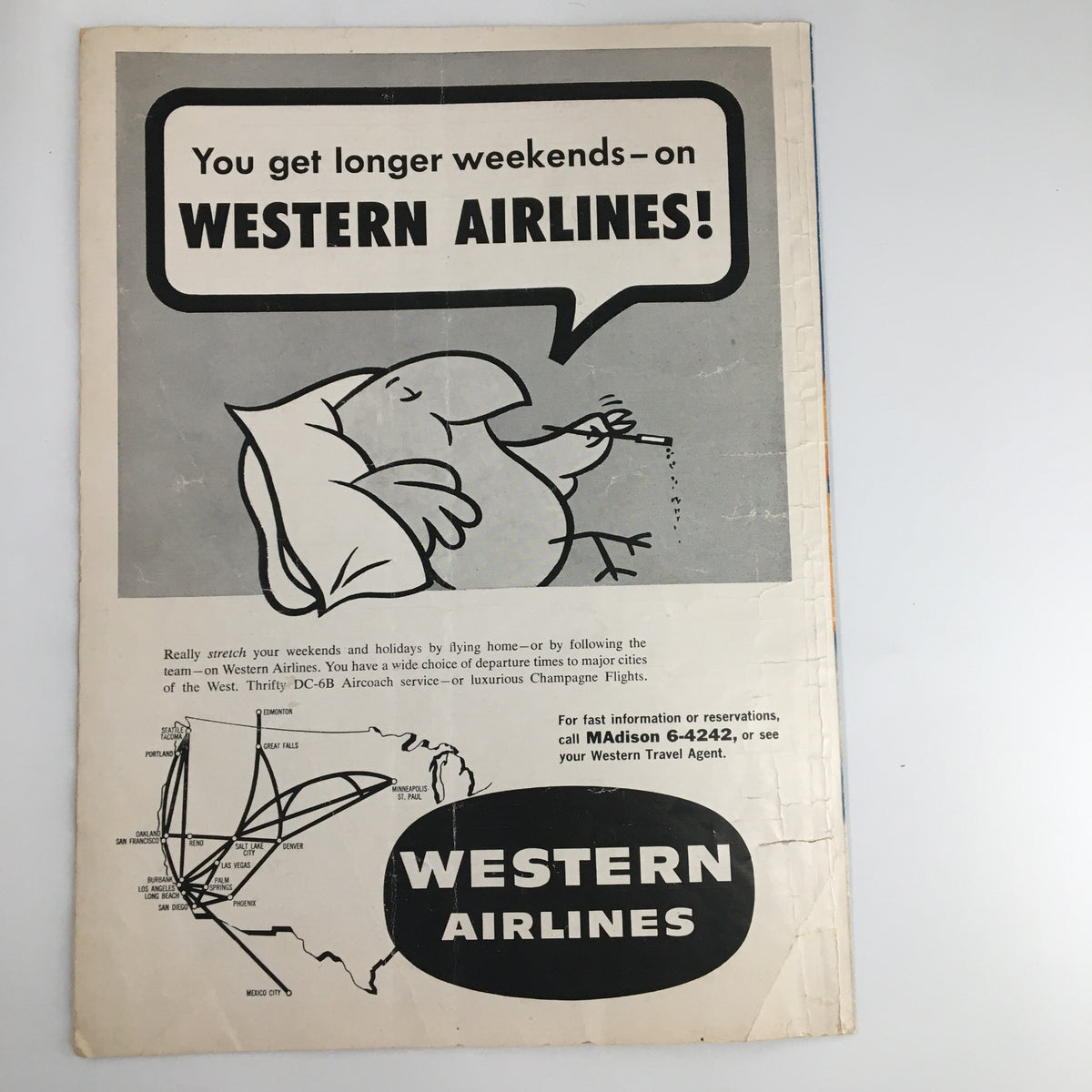 Back cover of the December 12, 1960 NCAA Basketball UCLA vs Kansas Official Program featuring an advertisement for Western Airlines.