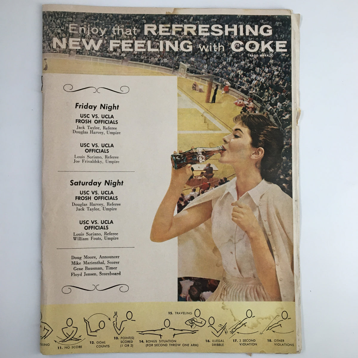 Cover of the 1963 NCAA basketball program featuring UCLA Bruins vs USC Trojans game, showcasing a vintage advertisement with a woman enjoying a Coca-Cola, celebrating the rivalry and rich history of college basketball.