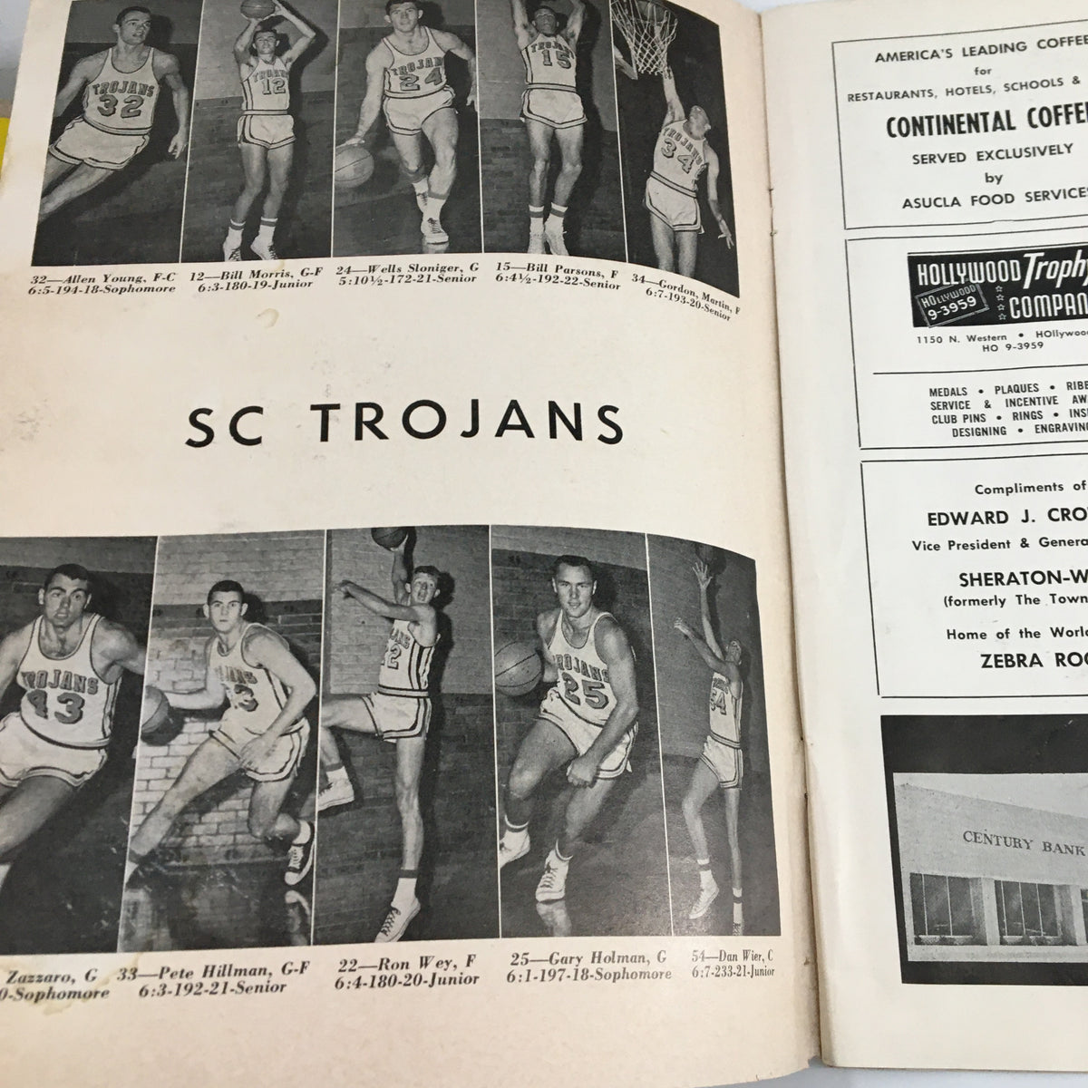 Interior page of the UCLA Bruins NCAA Basketball Program vs USC Trojans showing images and stats of SC Trojans players from the 1963 game.
