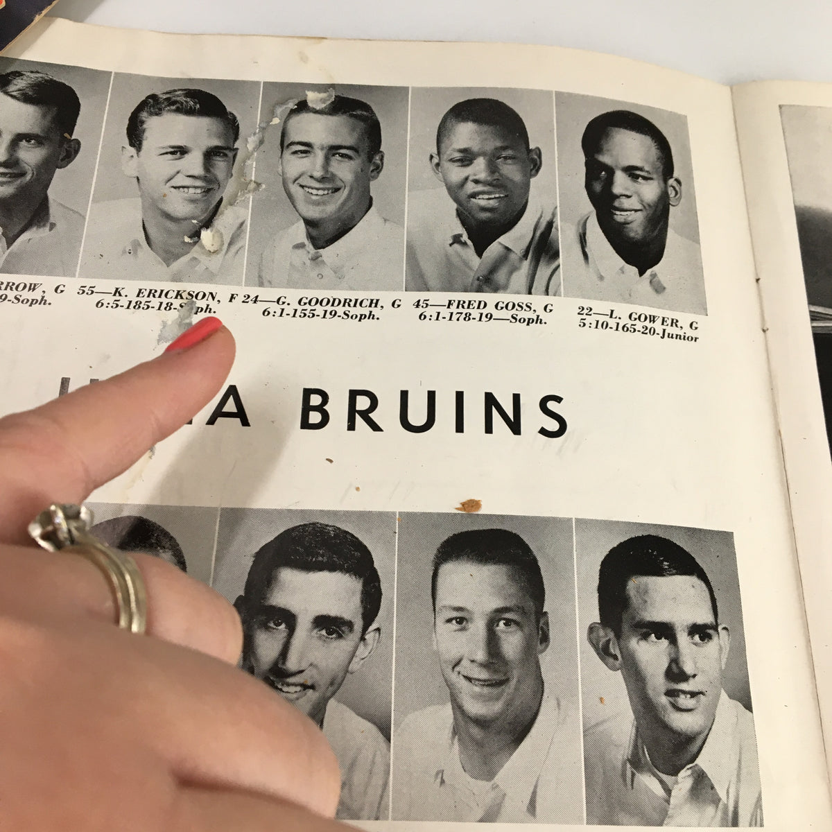 Images of UCLA Bruins players in the NCAA Basketball Program vs USC Trojans from 1963, showcasing key players and their statistics.