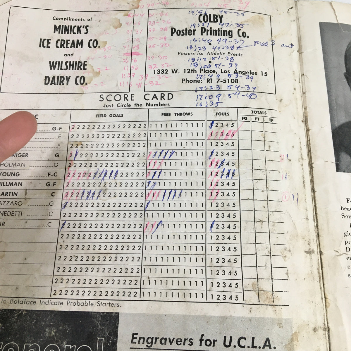 Scorecard and statistics page from the UCLA Bruins NCAA Basketball Program vs USC Trojans featuring Coach John Wooden, 1963.