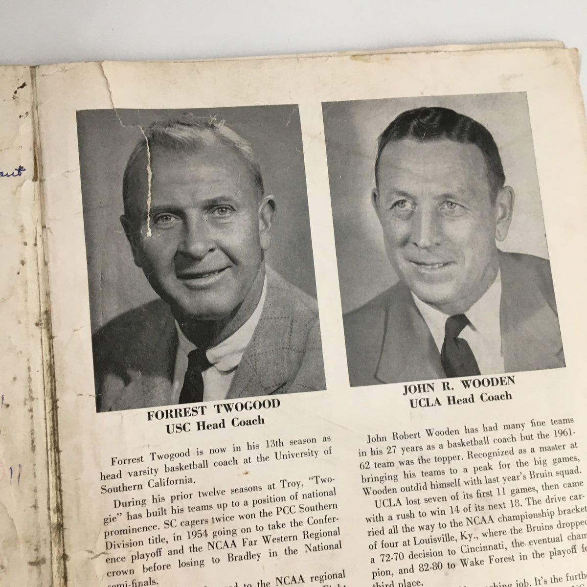 Portraits of Forrest Twogood, USC Head Coach, and John R. Wooden, UCLA Head Coach, from the 1963 NCAA Basketball Program.