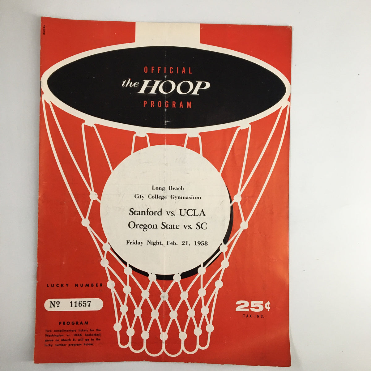 Official program for the February 21, 1958 NCAA Basketball game featuring UCLA vs Stanford, showcasing a vibrant red and white design, featuring the iconic basketball hoop.