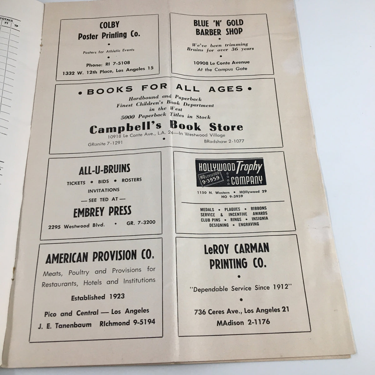 Advertisement page from the February 23 1962 NCAA Basketball California vs UCLA Official Program listing local businesses and services.