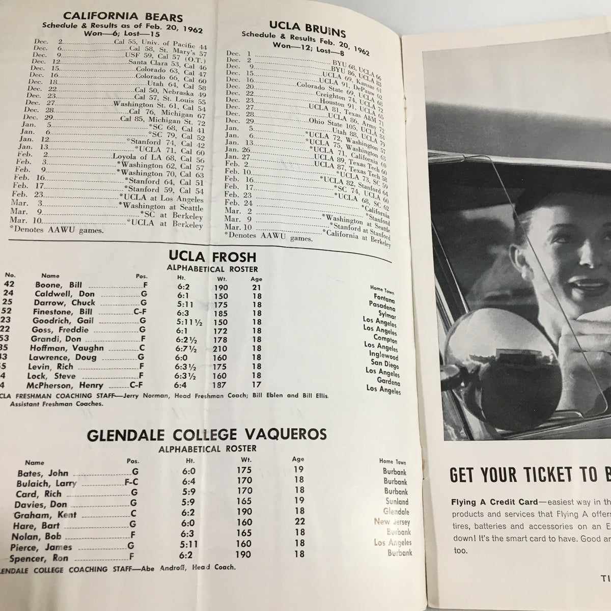 Roster page from the February 23 1962 NCAA Basketball California vs UCLA Official Program highlighting player statistics and details.