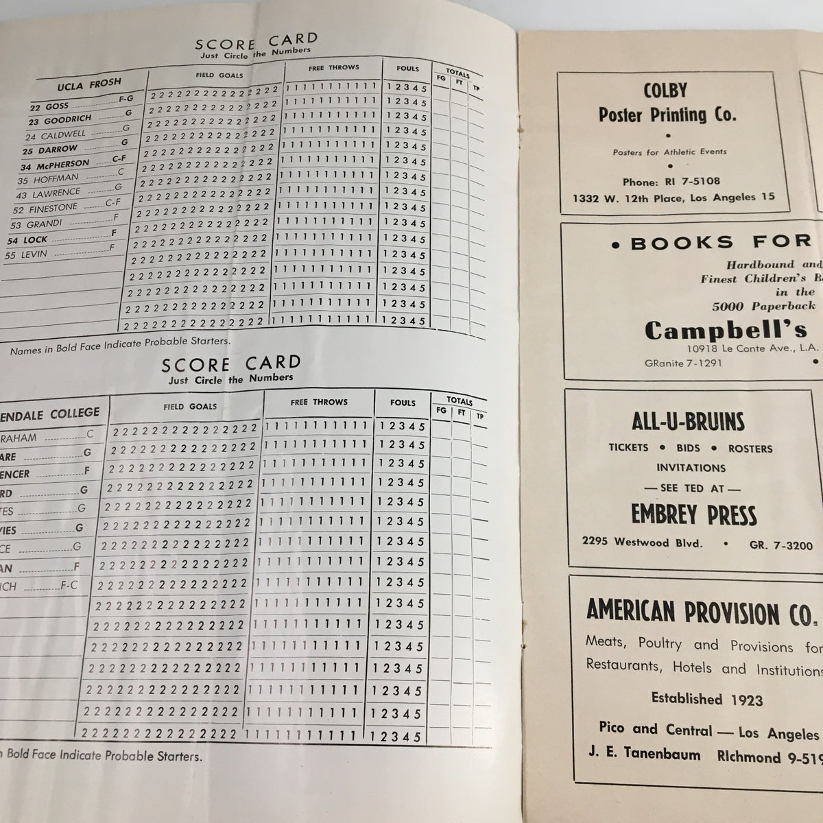 Score card detail from the February 23 1962 NCAA Basketball California vs UCLA Official Program showing the game scoring layout.