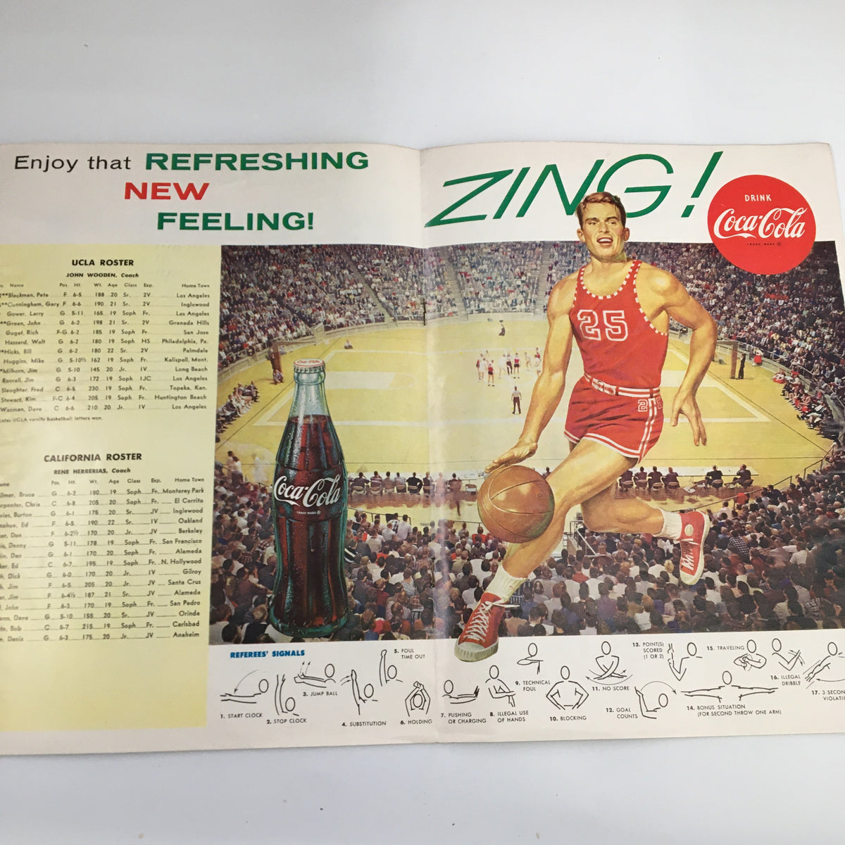 March 10 1962 NCAA Basketball Program showcasing UCLA vs California, featuring a player in a red uniform with a Coca-Cola advertisement, emphasizing the vibrant spirit of college basketball.