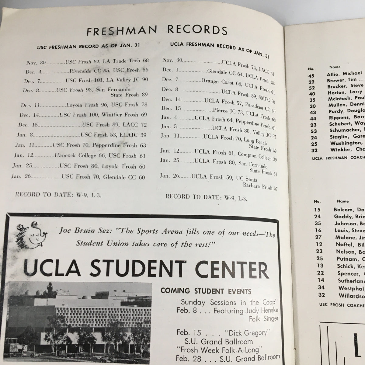 Freshman records page from the February 1, 1963 NCAA Basketball USC vs UCLA The Hoop Official Program featuring historical player statistics.