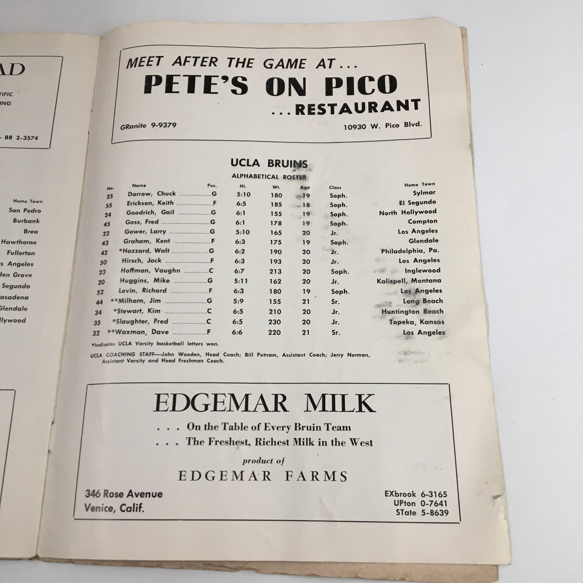 Restaurant advertisement page from the February 1, 1963 NCAA Basketball USC vs UCLA Official Program showcasing UCLA Bruins' roster.