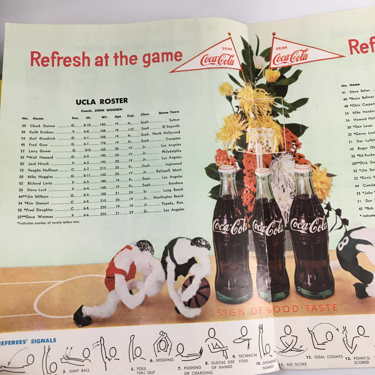 Interior page of February 23 1963 NCAA Basketball Program displaying UCLA roster, highlighted by Coca-Cola branded advertisements and playful illustrations.