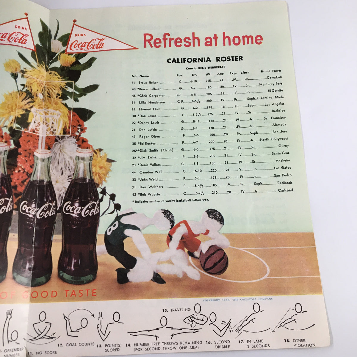 Interior page of February 23 1963 NCAA Basketball Program featuring California roster, incorporating Coca-Cola advertisements and whimsical illustrations from the era.