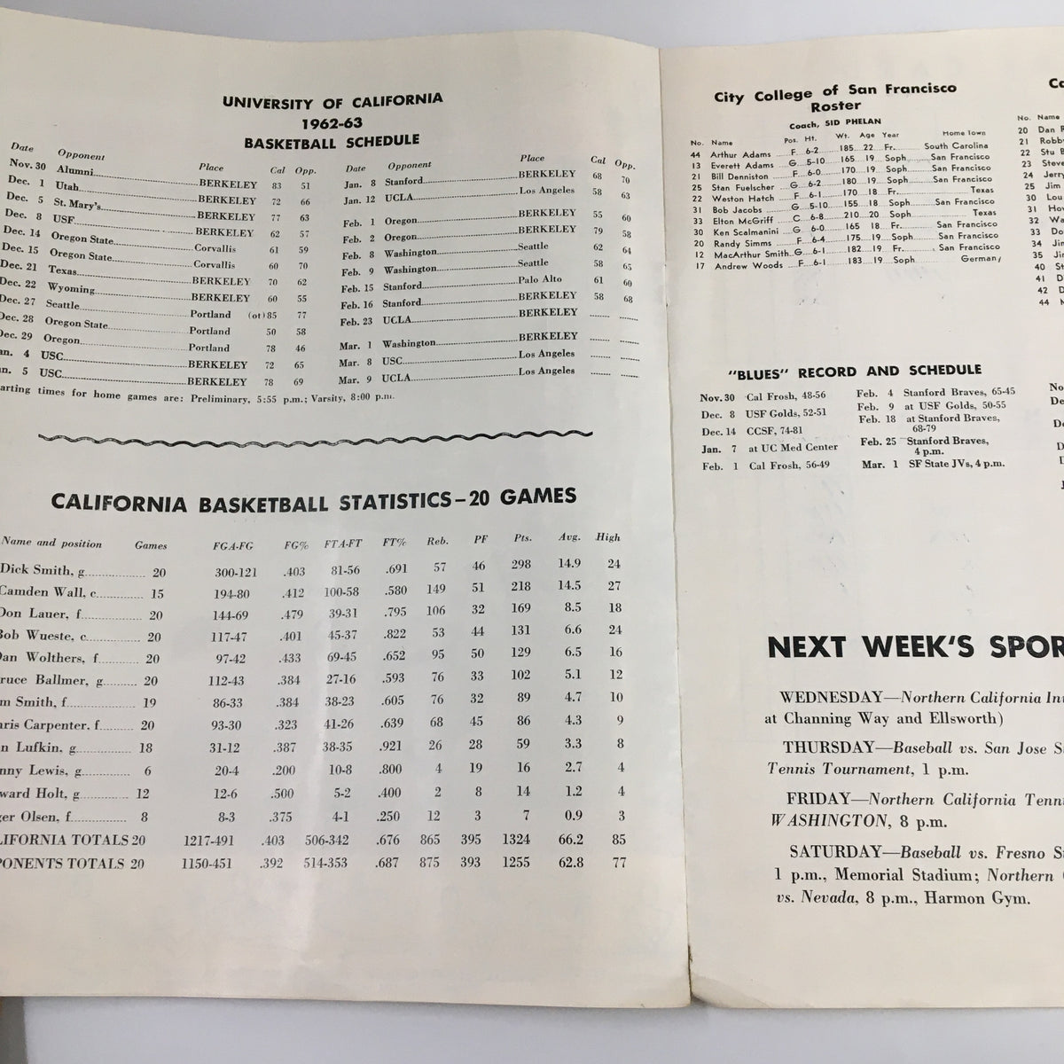 Open pages of February 23 1963 NCAA Basketball Program showing University of California basketball schedule and California basketball statistics for the 1962-63 season.