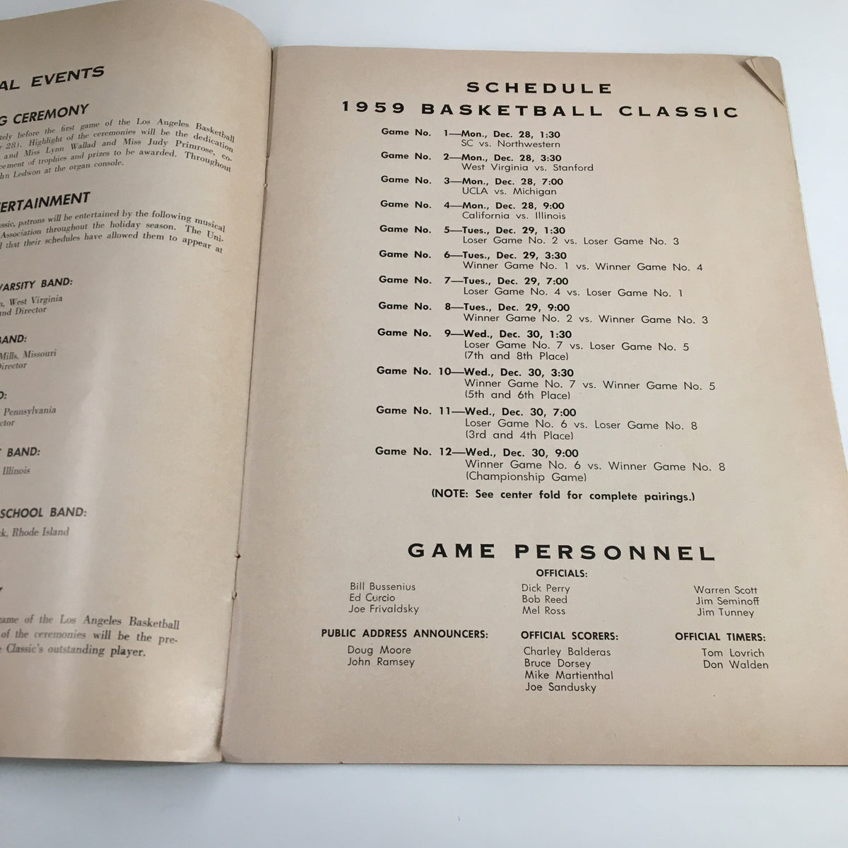 Inside page of the December 28 1959 NCAA Los Angeles Basketball Classic Program detailing the schedule of games for the tournament, highlighting the matchups and timings.