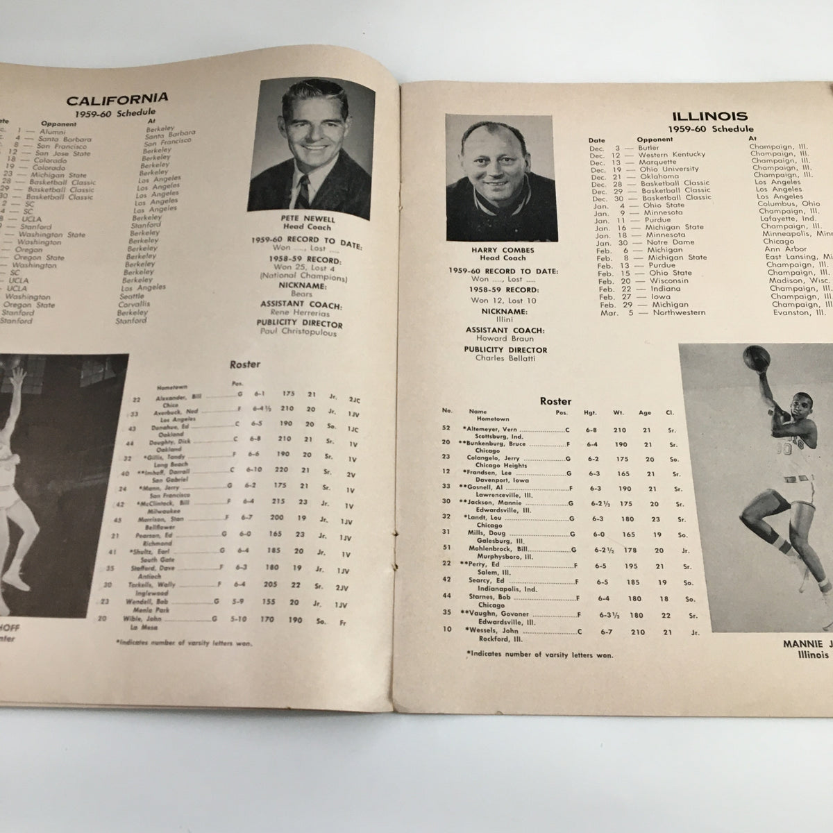 Inside page of the December 28 1959 NCAA Los Angeles Basketball Classic Program displaying the rosters and schedules of California and Illinois teams for the 1959-60 season.