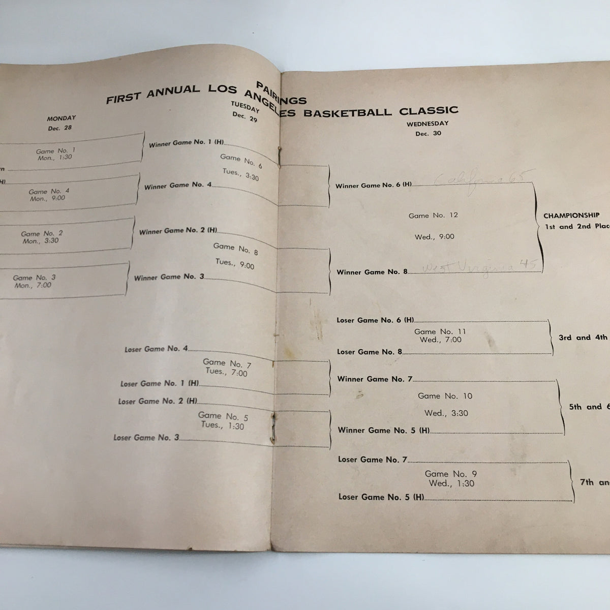 First Annual Los Angeles Basketball Classic program page showing the tournament bracket for December 28 1959 NCAA game between UCLA and Michigan.
