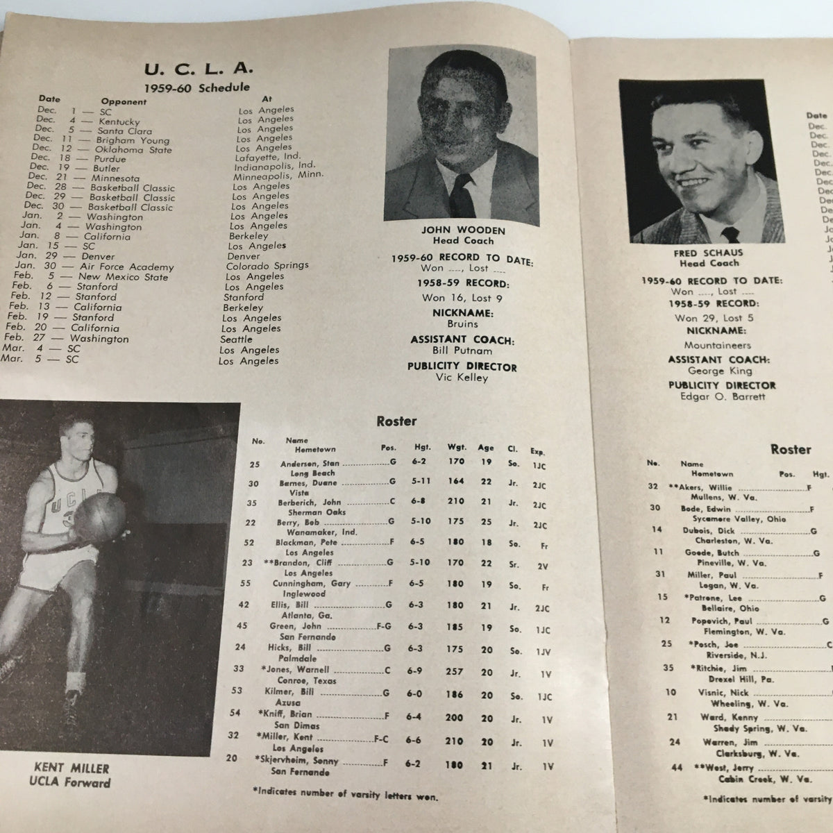 Roster and information page of UCLA's basketball team in the December 28 1959 NCAA Basketball Classic program.