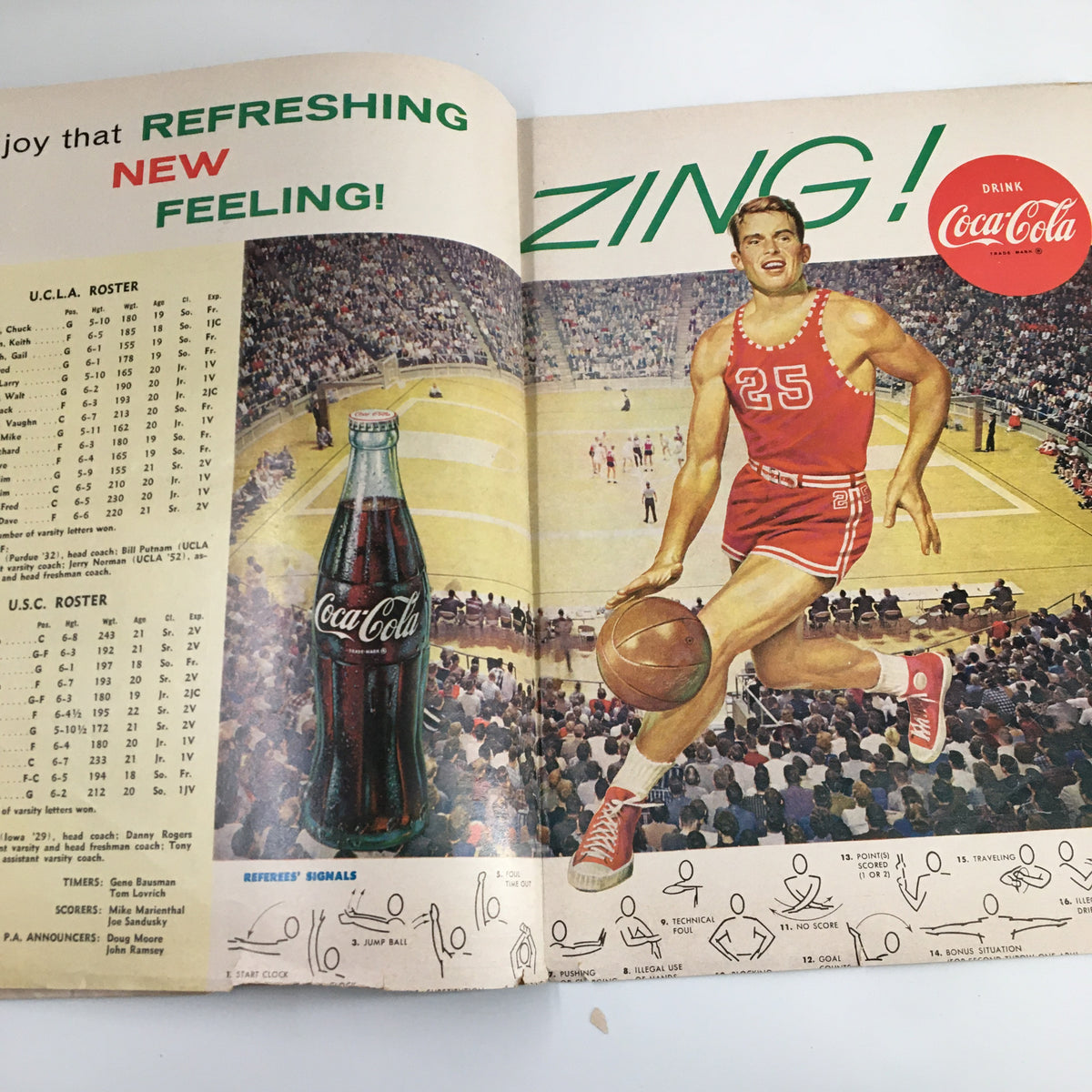 Interior page of the official program featuring Coca-Cola advertisement alongside the UCLA roster for the November 30, 1962 NCAA Basketball game between UCLA and Denver.