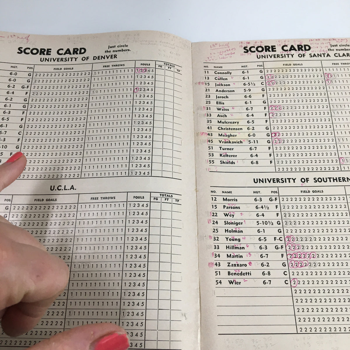 Scorecard page from the official program listing player statistics for the universities of Denver and UCLA, for the November 30, 1962 NCAA Basketball game.