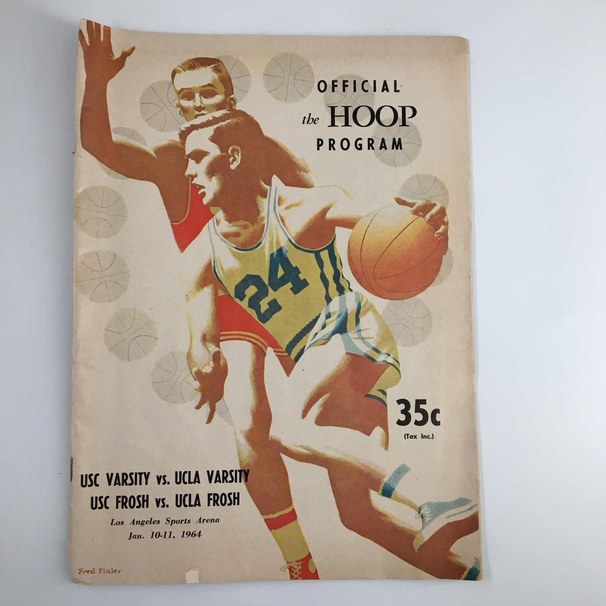 Official program cover for the January 10, 1964 NCAA Basketball matchup between USC and UCLA, featuring vintage artwork of players and game details.